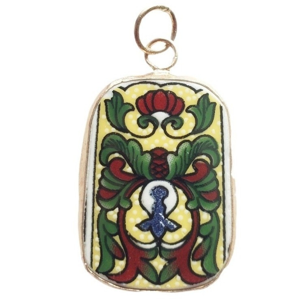 Vintage Pottery Shard Pendant Broken China Transferware Chinoiserie Scroll Charm